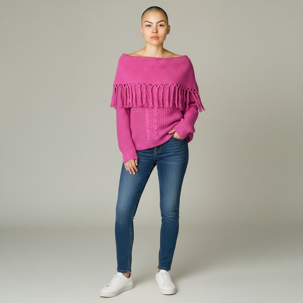 Vintage Pink Off-Shoulder Sweater with Fringe